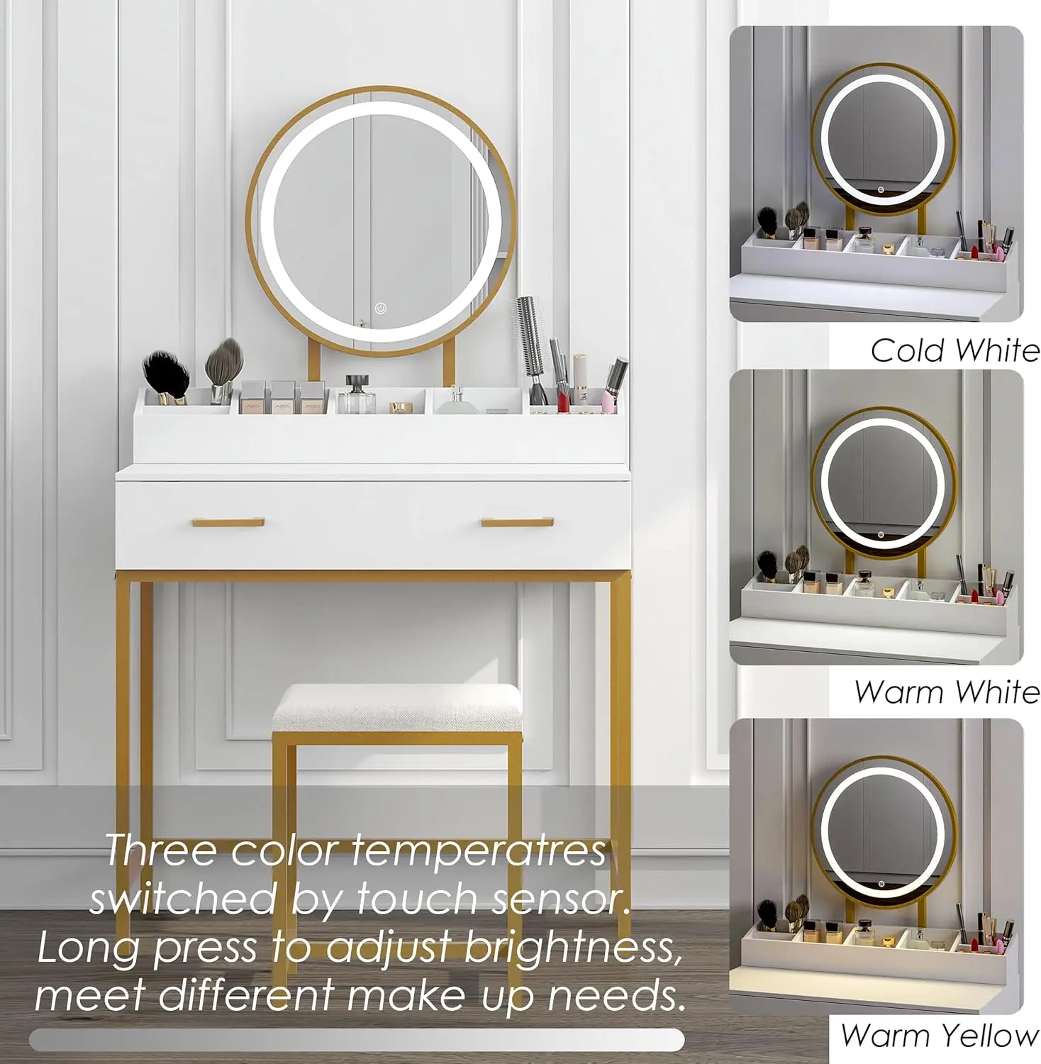 Bedroom Makeup Vanity Set in White and Gold with Mirror, Lights, Drawers, 3 Lighting Modes and Cushioned Stool view 3