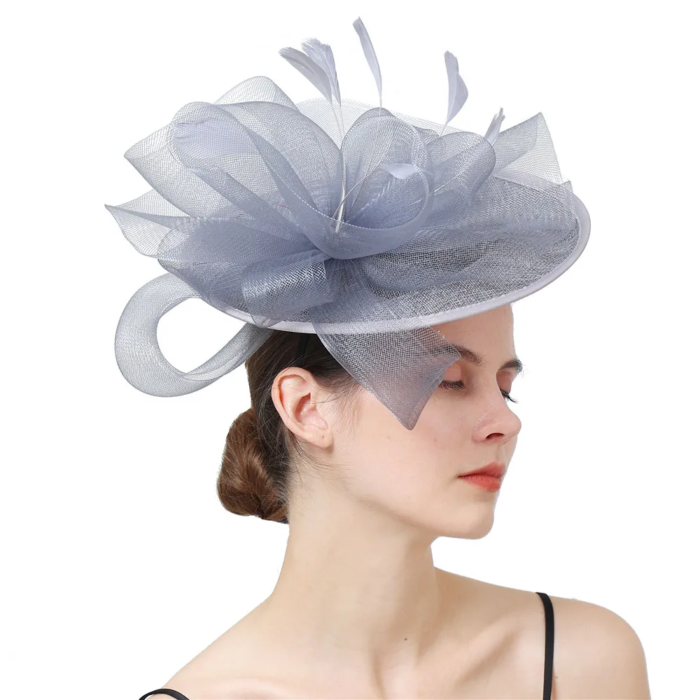 Grey Formal Cocktail Fedoras Fascinators Hat White Floral Event Mesh Flower Derby Accessory Headbands Chuch Headpiece Headwear