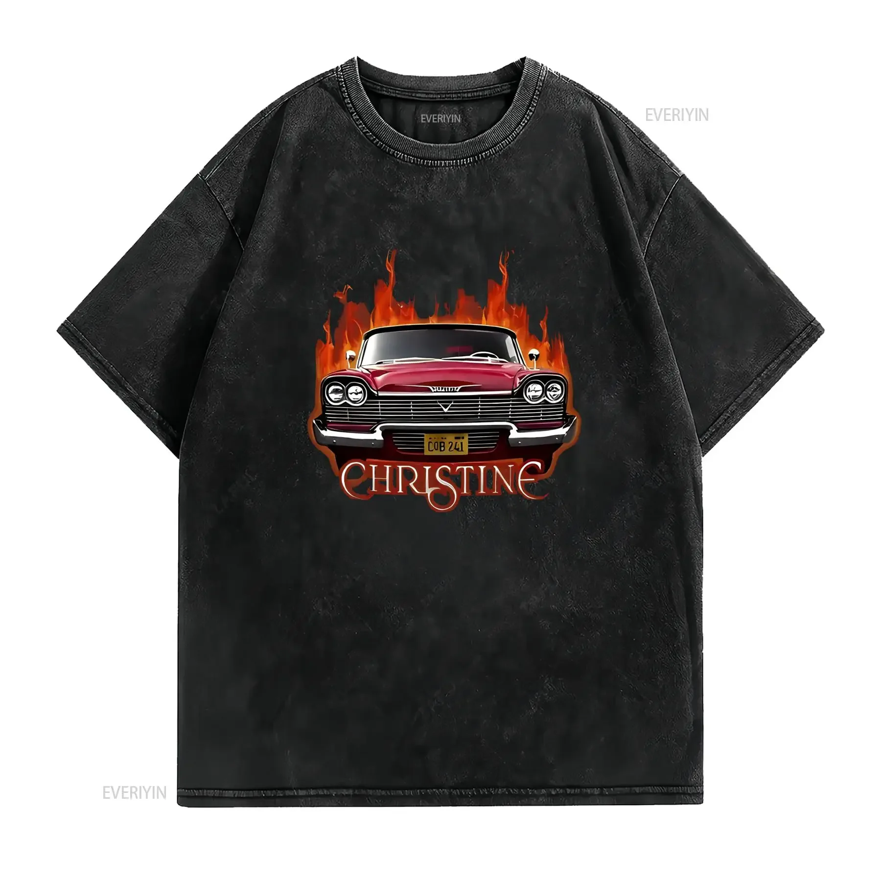 Classic Red Vintage Car T Shirt Black with Fiery Flames Design 'Chrstine' License Plate Bold Script Below Crew Neck vintage