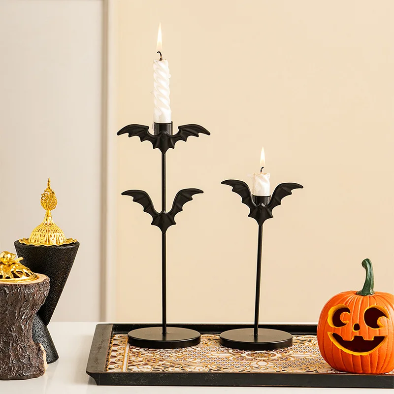 Halloween Bat Candle Holder Black Iron Candlestick Stand Gothic Table Centerpiece Decor for Home Dining Party Holiday Ornament