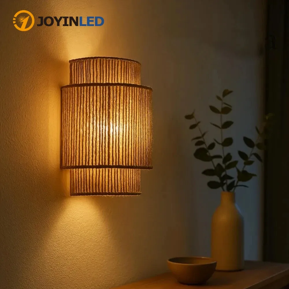 JOYINLED 1/2 Pezzi Applique da Parete in Rattan, Lampada da Parete Boho Intrecciata a Mano per Comodino, Soggiorno, Stile Rustico
