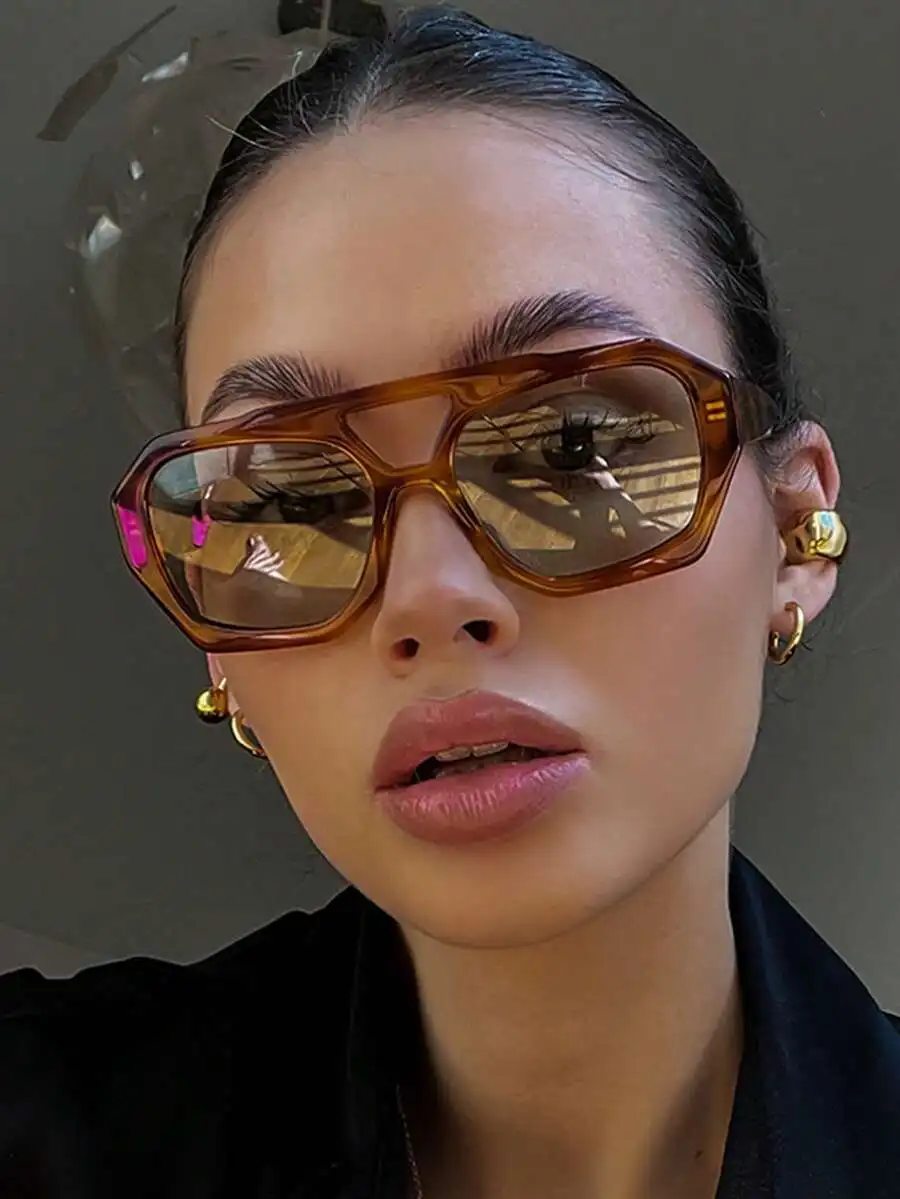 1 Pair Women's Brown Polygonal PC Frame Retro Double-Bridge Fashionable Street Style Personalized Glasses Aviator Shape Shades
