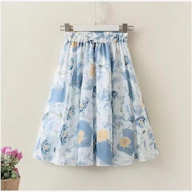 Retro National Style Girls Kids Skirts 2023 New Chiffon Elastic High Waist Midi Skirts Floral Print Holiday Beach Skirts