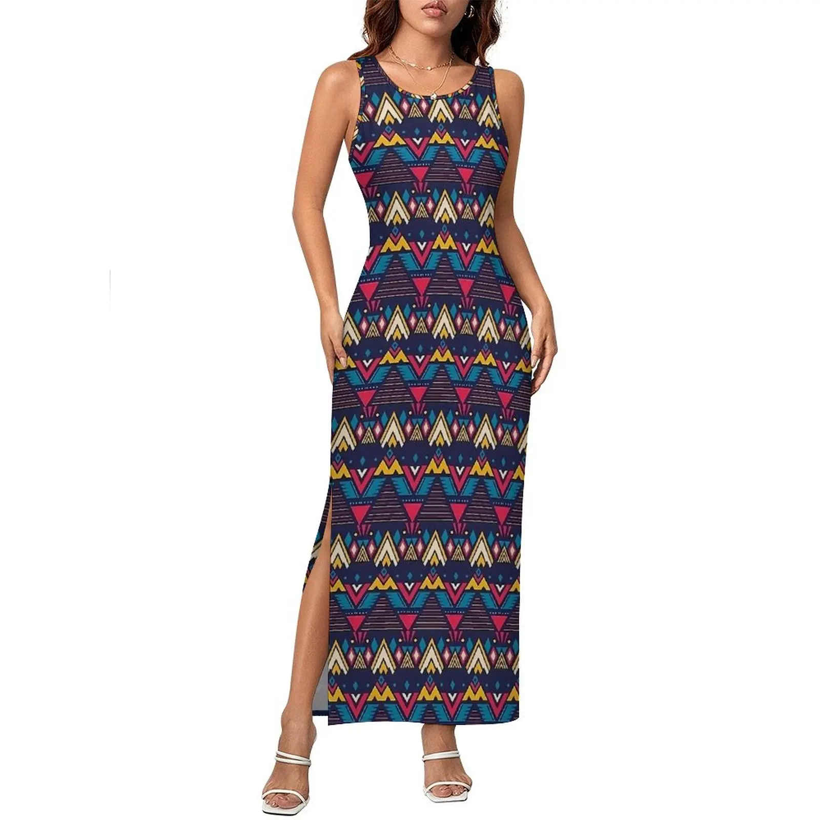 Woman Aztec Art Dress Purple Vintage Print Aesthetic Bodycon Dress Holiday Sleeveless Maxi Dresses Graphic Oversized Vestido