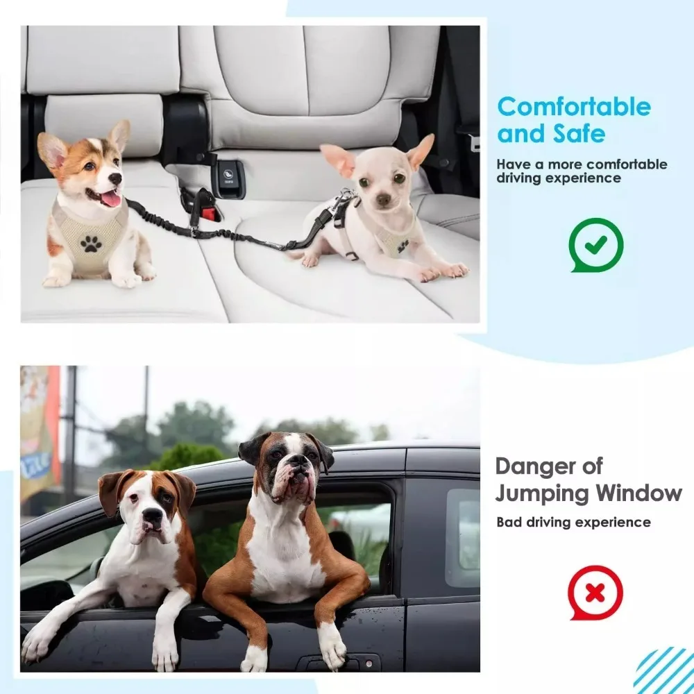 Double Dog Seatbelt Adjustable Vehicle Safety Leash with Elastic Protect Shock Reflective Dog Car Restraint for Pet Safety Belt