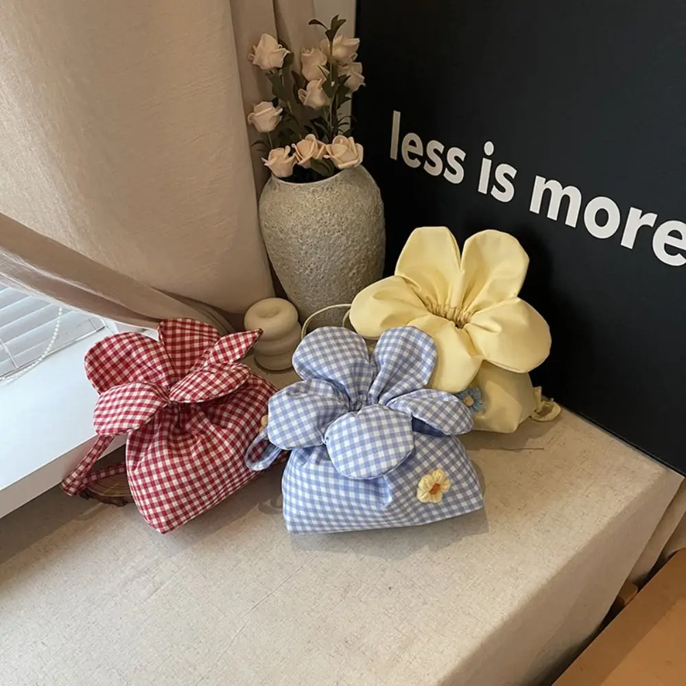 

Literary Korean Style Plaid Drawstring Bag Cute Printing Small Crossbody Bag Large Capacity Bundle Pocket Shoulder Bags Shopping