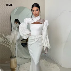 OIMG Special Mermaid High Neck Wedding Dresses Satin Full Sleeves Princess Bride Bridal Gowns Custom Made Vestido de noiva
