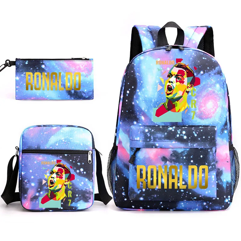 Conjunto de tres piezas de mochila escolar con estampado de Ronaldo para niños, mochila para estudiantes, bolso de viaje al aire libre, bolso de hombro, estuche para lápices