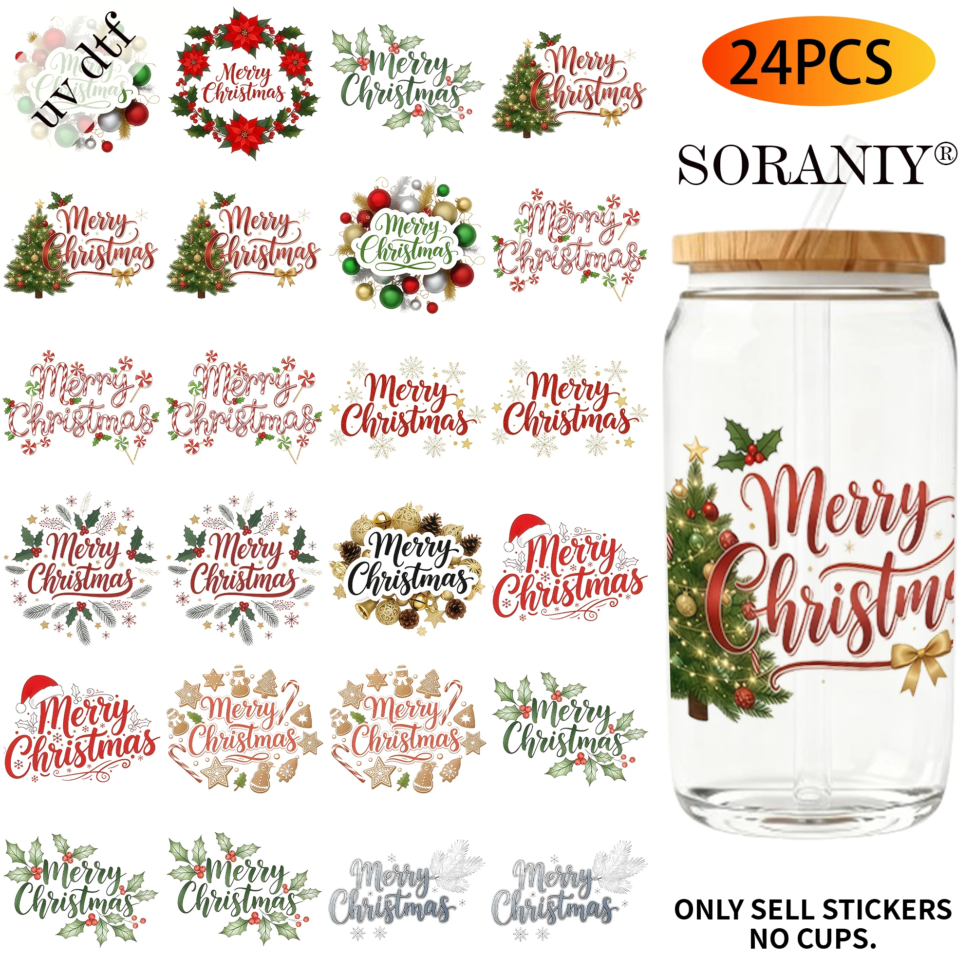 UV DTF Cup Stickers - 24Pcs/Set Merry Christmas Script Text Waterproof 16Oz Glass Jar DIY Transfer Decal, High Viscosity Easy Us