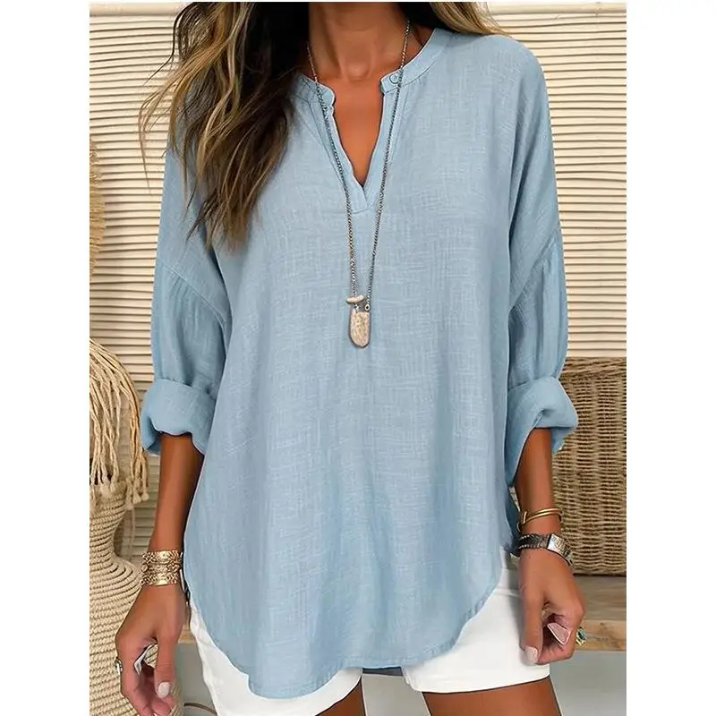 Women's Casual Cotton Linen plus Size irt Long Sve Mid-Length Pure Color Casual Sle Autumn Faion Ladies' irt