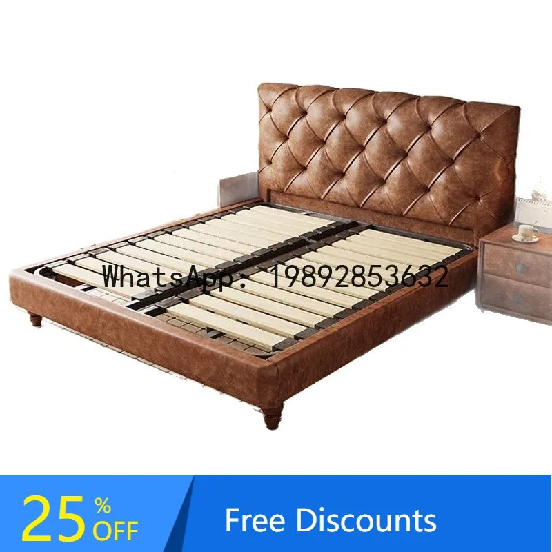 

CZ Retro Oil Wax Leather Bed Solid Wood Genuine Leather Luxury Master Bedroom Double Bed Minimalist Wedding Storage Bed