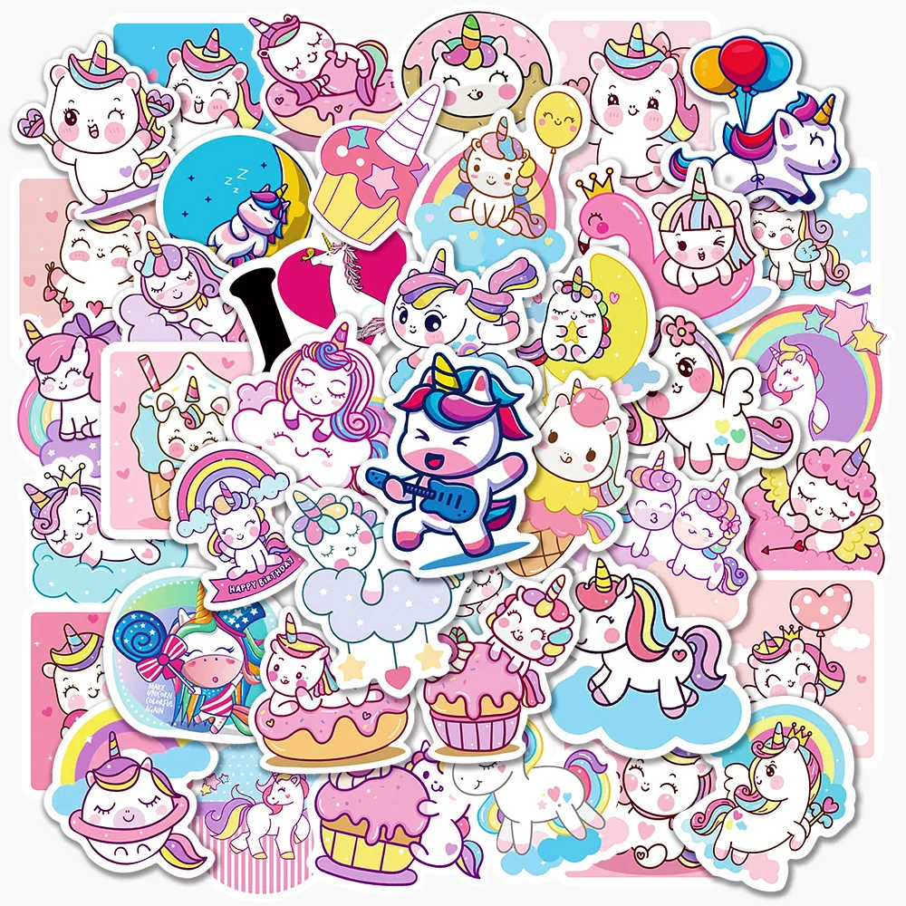 50 Stück niedliche Cartoon-Einhorn-Aufkleber für Laptop, Gepäck, Telefon, Auto, Roller, lustiger Vinyl-Aufkleber für Kinder, Mädchen, Kinder, Geschenk