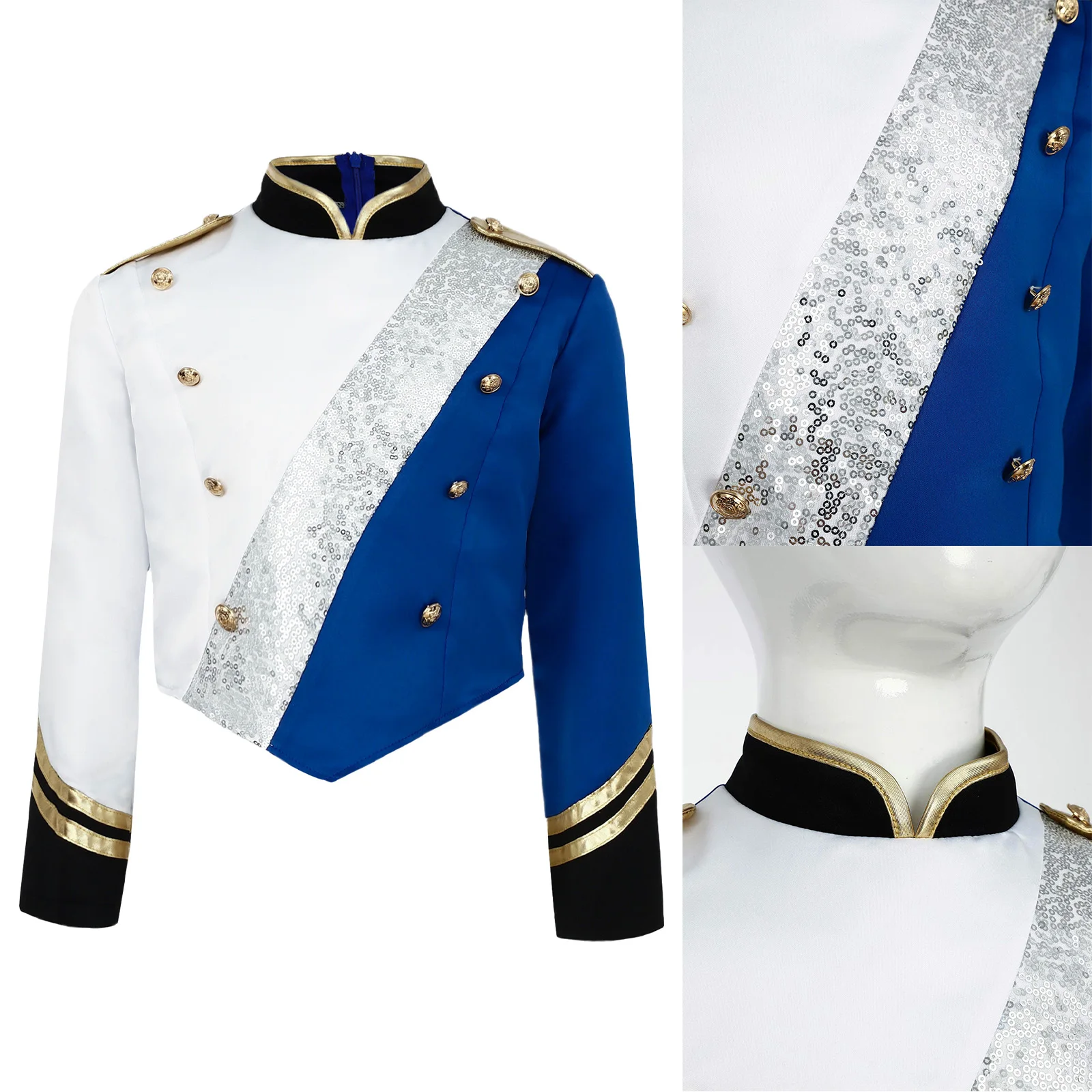 

Kids Band Concert Top Sequins Color Block Military Collar Quick Change Back Zipper Epaulet Buttons Awards Ceremony Dress Uniform