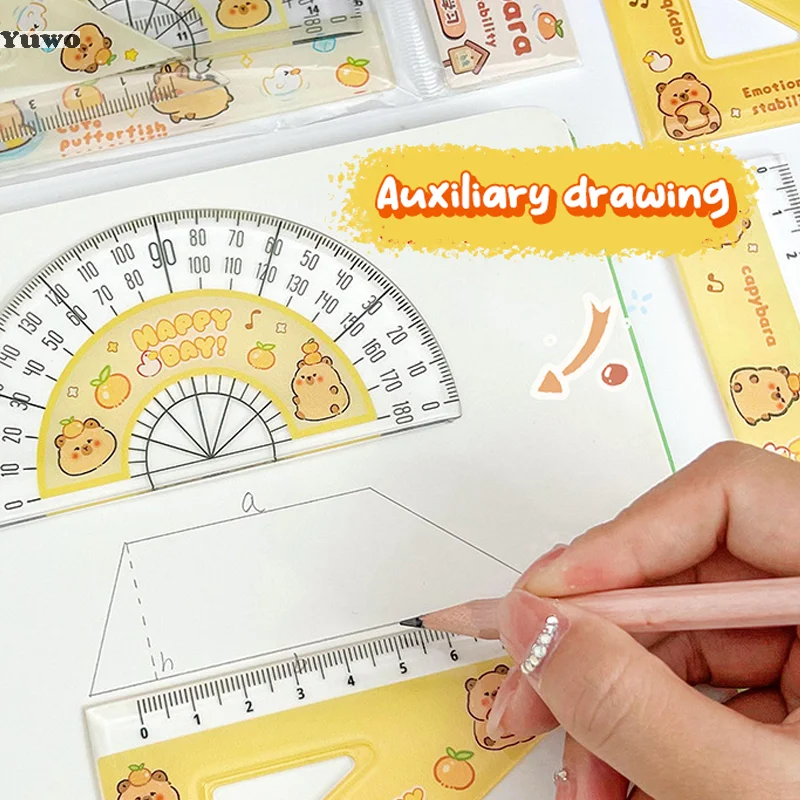 

1 комплект, милая пластиковая линейка капибары с героями мультфильмов, высокое качество, транспортир, портативные измерительные инструменты, школьные и офисные принадлежности