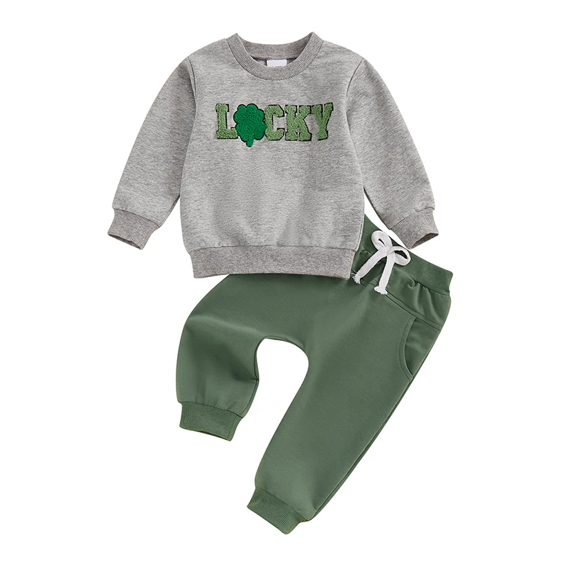 Baby Boy 2Pcs Spring Outfit Long Sleeve Shamrock Embroidery Sweatshirt + Trousers Set Toddler Clothes