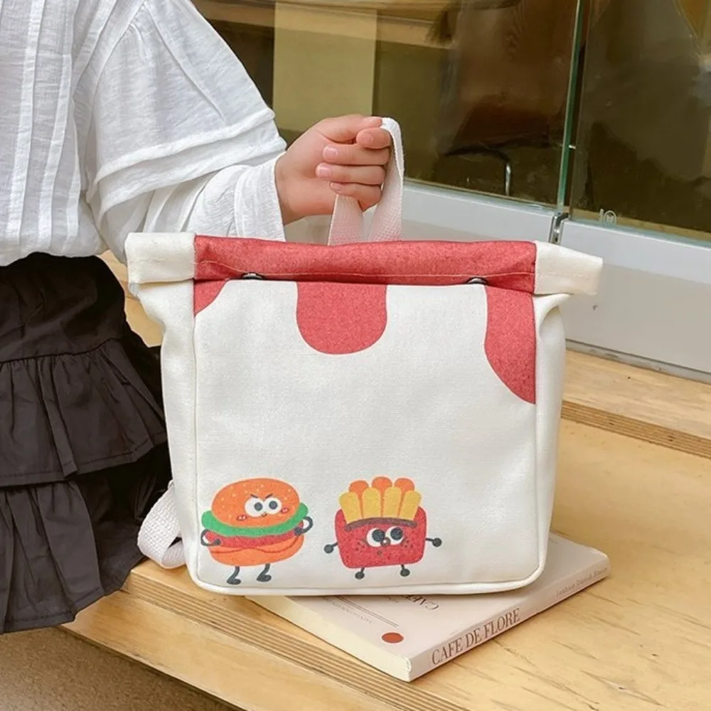 Hamburger Burger Pattern Backpack Canvas Adjustable Strap Double Shoulder Bag Cartoon Large Capacity Kids School Bag