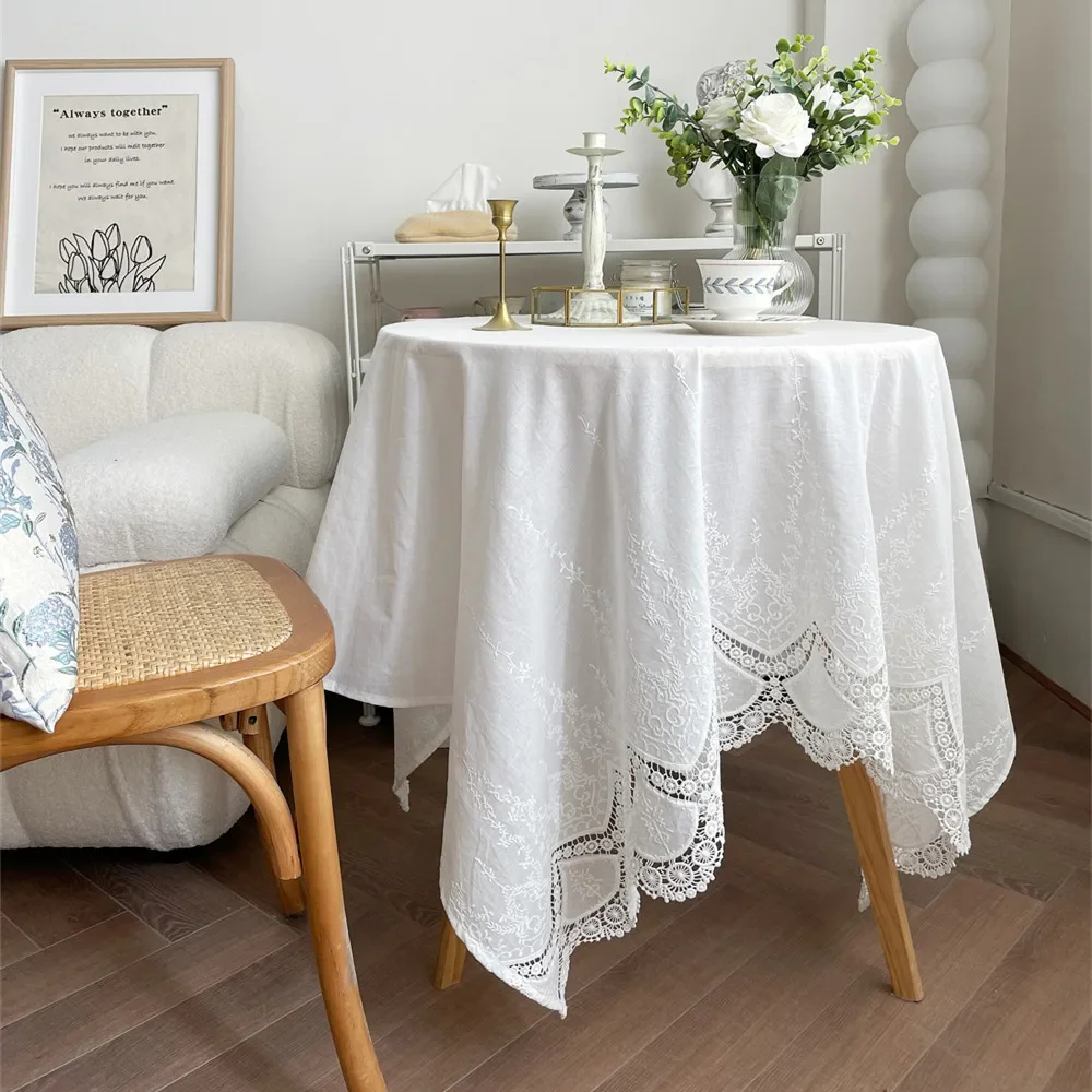 Luxurious Table Cover French White Lace Flower Embroidery Cotton 100% Tablecloth for Wedding Party Decoration Table Cloth