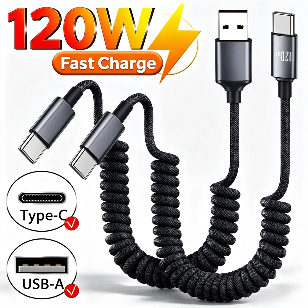 120W USB-C To Type-C Fast Charge Spring Cable Retractable Car Charger USB-A Data Cord for IPhone 18 15-17 Samsung Xiaomi Phones