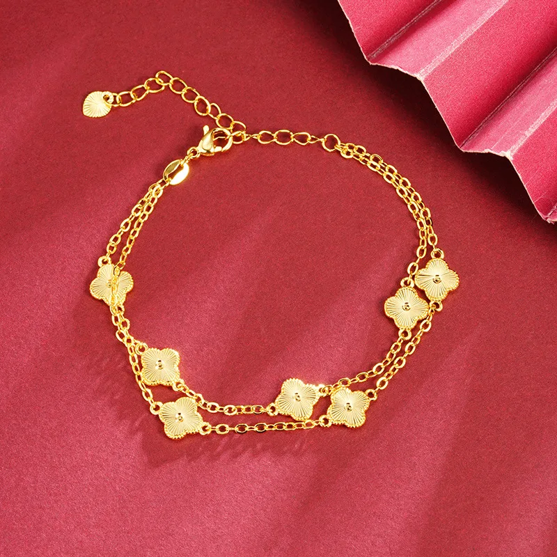 

Luxury 24K 9999 Pure Gold real gold New Chinese Style Women's Bracelet Ethnic Style Double Layer Lucky Grass Bracelet