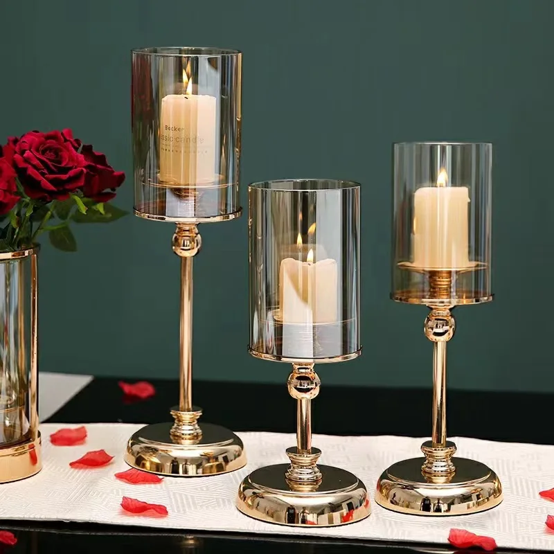 Modern Home Decor Golden/Silver Candlestick Metal Glass Candle Holder Romantic Candlelight Dinner Prop Wedding Party Decoration