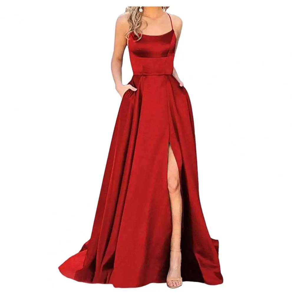 

Maxi Dress Slim Fit Dress Elegant Satin Evening Dress with Spaghetti Straps High Slit Side Pockets for Prom Banquet or Party Off