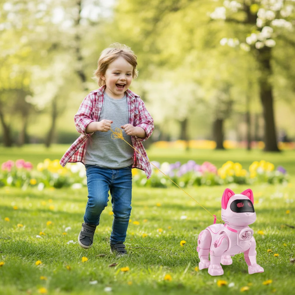 Children's Electric Robot Cat with Leash Smart Robot Cat Toy Programmable Intelligent Voice Control Pet Toy for Kids Girls