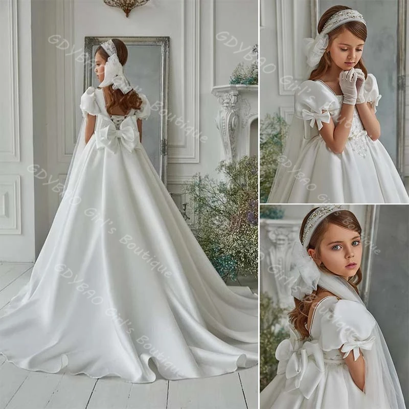 

Customized Flower Girl Dress for Wedding 2-14 Kids Square Neck Open Back First Communion Dress Long Party Gown With Bow Train