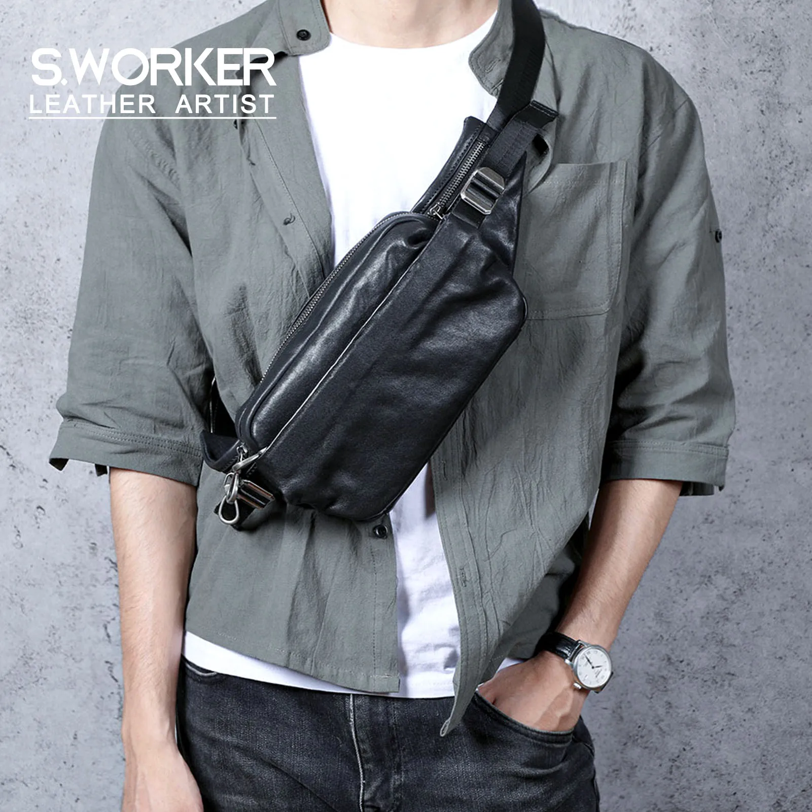 S.WORKER Premium Echtleder Herren-Brusttasche Modische Vollnarbenleder-Umhängetasche für Männer Schultertasche Sling Bag – Detail 2