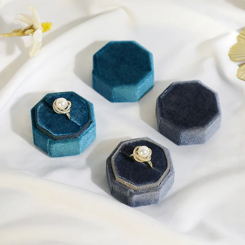 

5 Pcs Fashion Octagonal Velvet Single-Ring Double-Ring Case Luxury Design Jewelry Gift Box Wedding Ring Packaging & Display Box