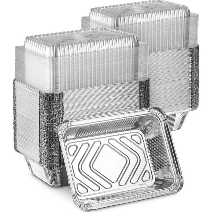مقلاة مستطيلة للاستعمال مرة واحدة مقاس 8.75 بوصة طول × 6.12 بوصة عرض مع أغطية قبة - مقالي مستطيلة من رقائق الألومنيوم 2.25 رطل: قابلة لإعادة التدوير بنسبة 100%: مثالية للخبز
