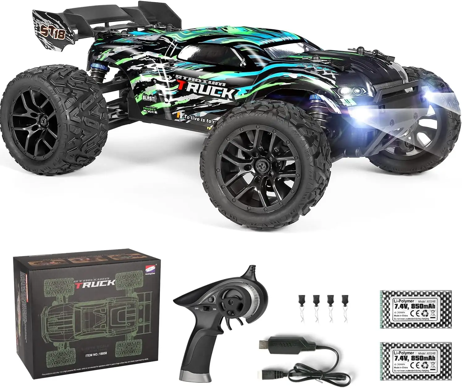 

36+KM/H High Speed 4WD 1:18 Scale Waterproof Truggy Remote Control Off Road Monster Truck with Two Rechargeable Batteries