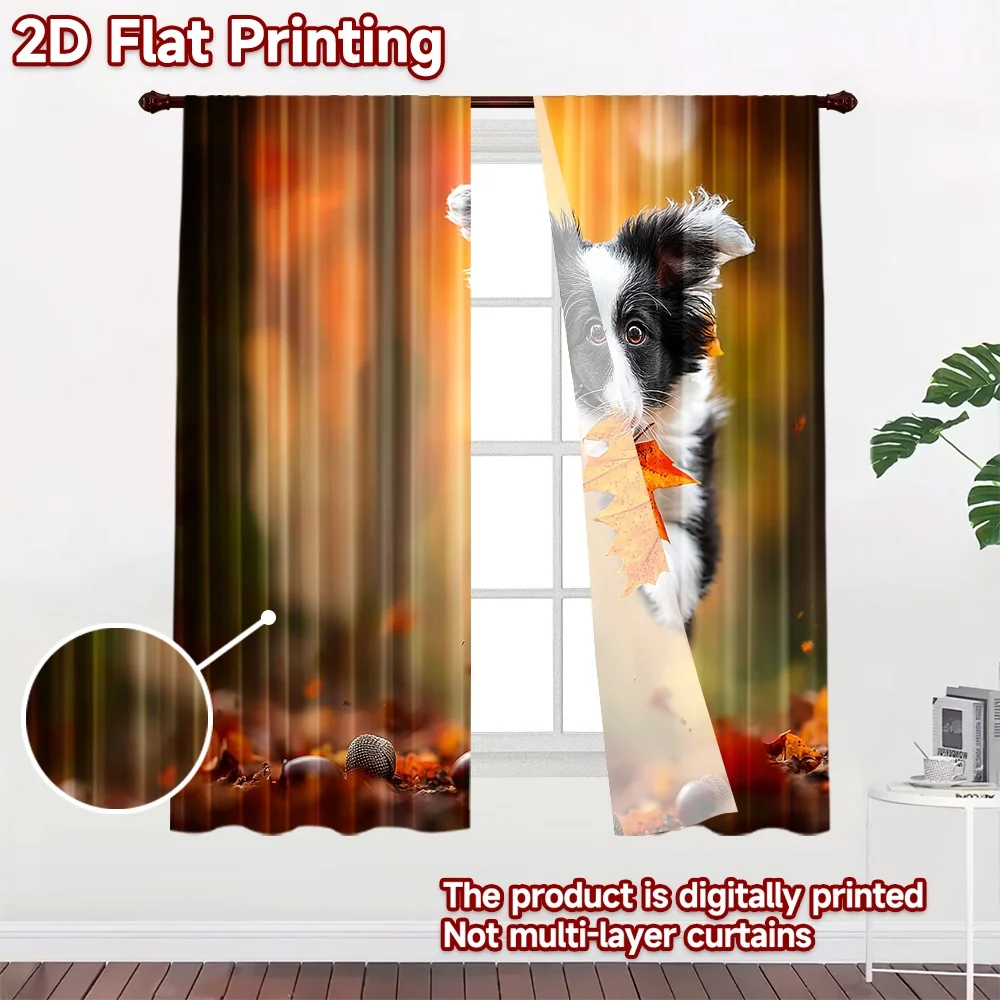 2D flat printing 2pcs Drapes Autumn Dog Running Leaf Digital Printed Polyester Drapes Family Party for Indoor Celebrations for