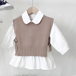 2023 Spring Autumn Baby Girls Sweet Candy Color  Knitting Sweater Vest  Shirts Clothing Sets Children Korean Blouse Vest Outfits