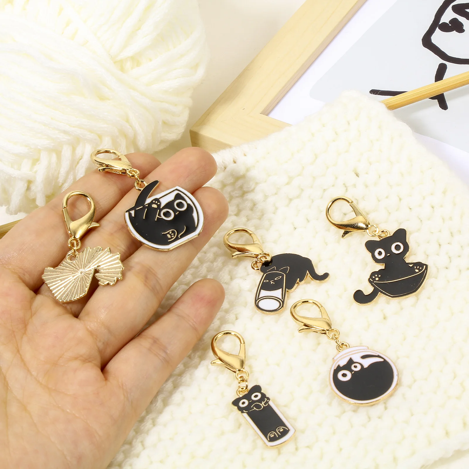 6 PCs/Set Knitting Stitch Markers Cat Gold Plated Black Enamel Sewing DIY Supplies With Lobster Claw Clasp 4.8cm x 2.6cm