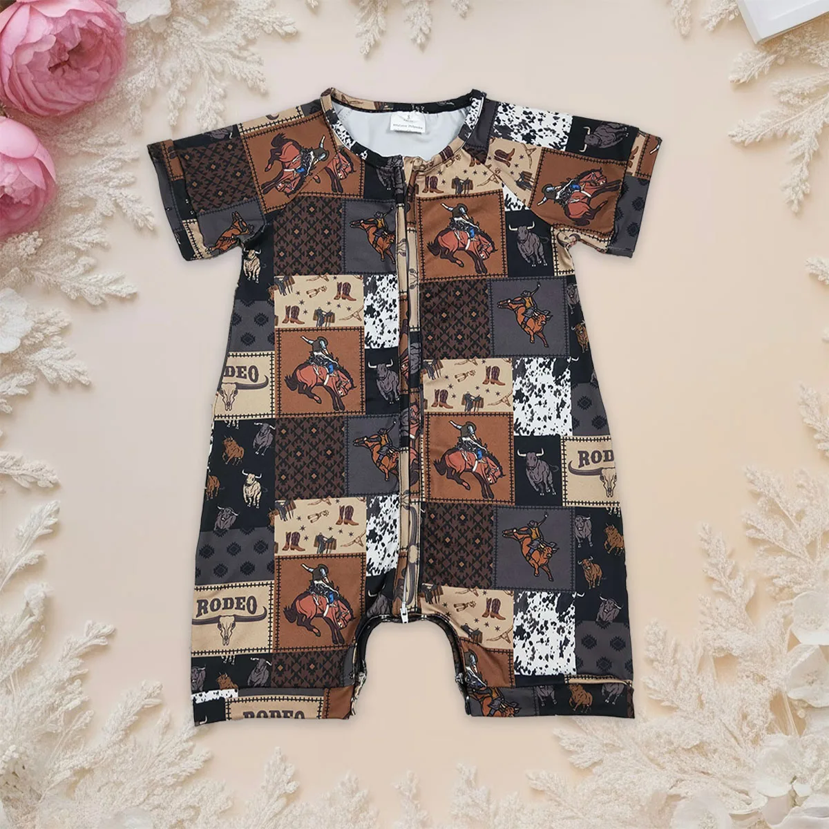 Newborn Baby Boys Horse Rodeos Aztec Checked Western Zipper Rompers Cutest Kids Romper Toddler Children Clothing Wholesale