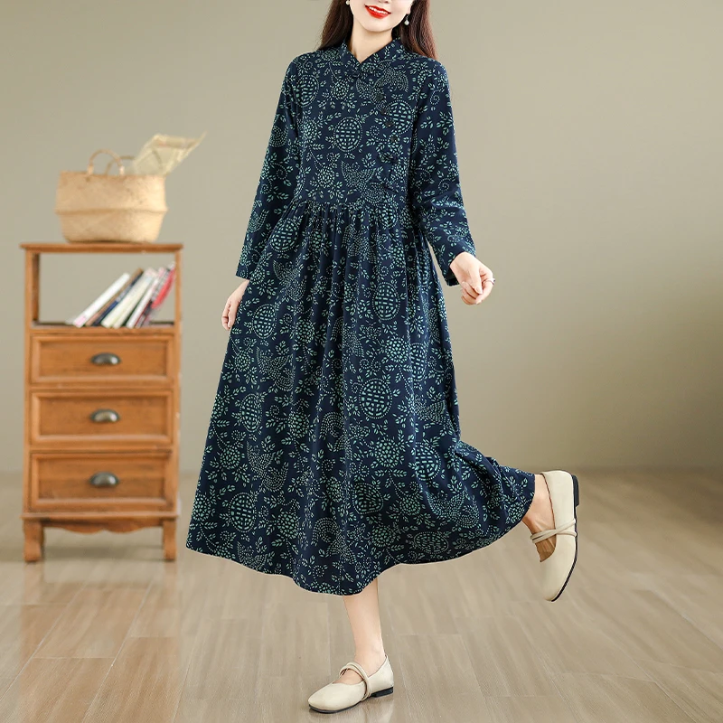 NYFS 2025 المرأة فستان بكم طويل فضفاض القطن الكتان الخريف نمط جديد الأزهار موضة رداء Ete فام Elbise #4