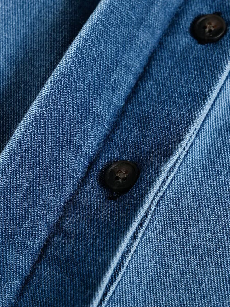 Neue Damenmode im europäischen Stil, vielseitiges, einfaches Temperament, einfarbiges Denim-Revers-Puffärmelhemd