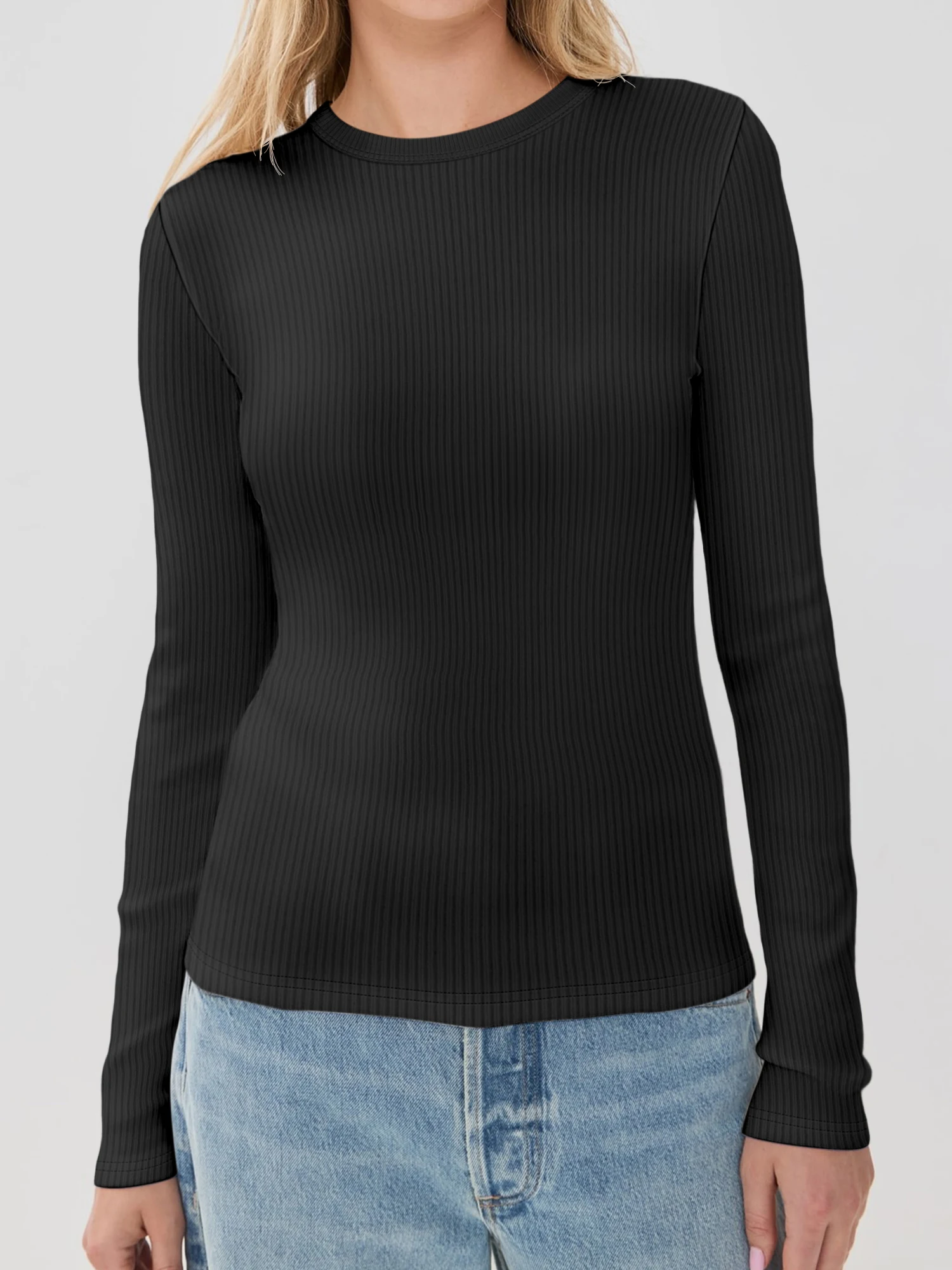 Women Versatile Solid Ribbed Long Sleeve Basic Top Crew Neck Slim Breathable Knit Work Daily Tee
