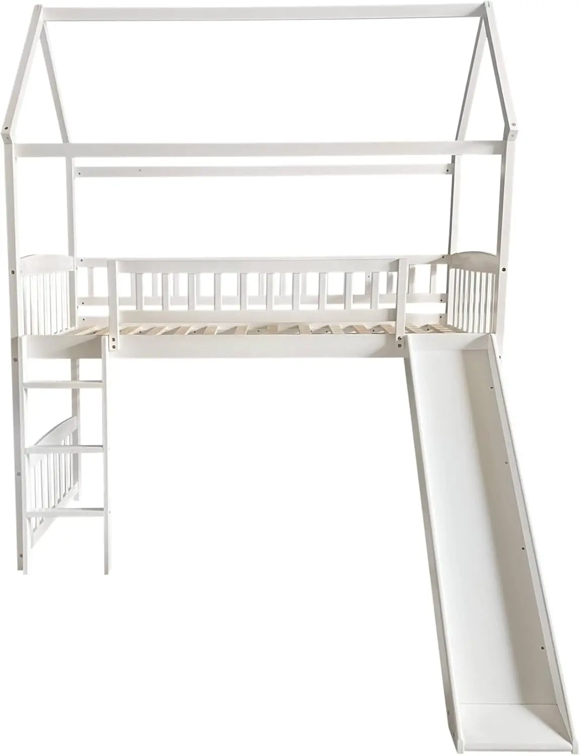 Twin Size Loft Bed Met Glijbaan & Ladder, Huisvormige Massief Grenen Houten Bed Frame W/Veiligheid Vangrail Voor Kinderen, Tieners, Meisjes,