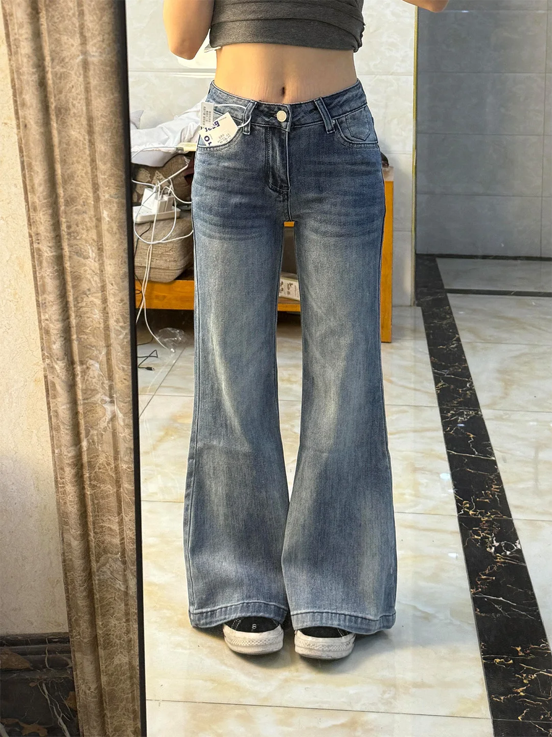 Washed Blue American Style Retro Jeans Women High Street Micro Flared Long Pants Spring Summer Casual Wear Medium Stretch