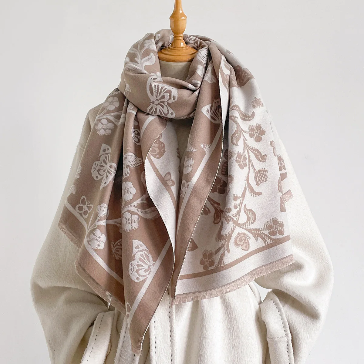 Womens Faux Cashmere Shawl Camel Base Cream Butterfly Floral Branch Print Wide Border Double Sided Tassel Large Wrap Scarf