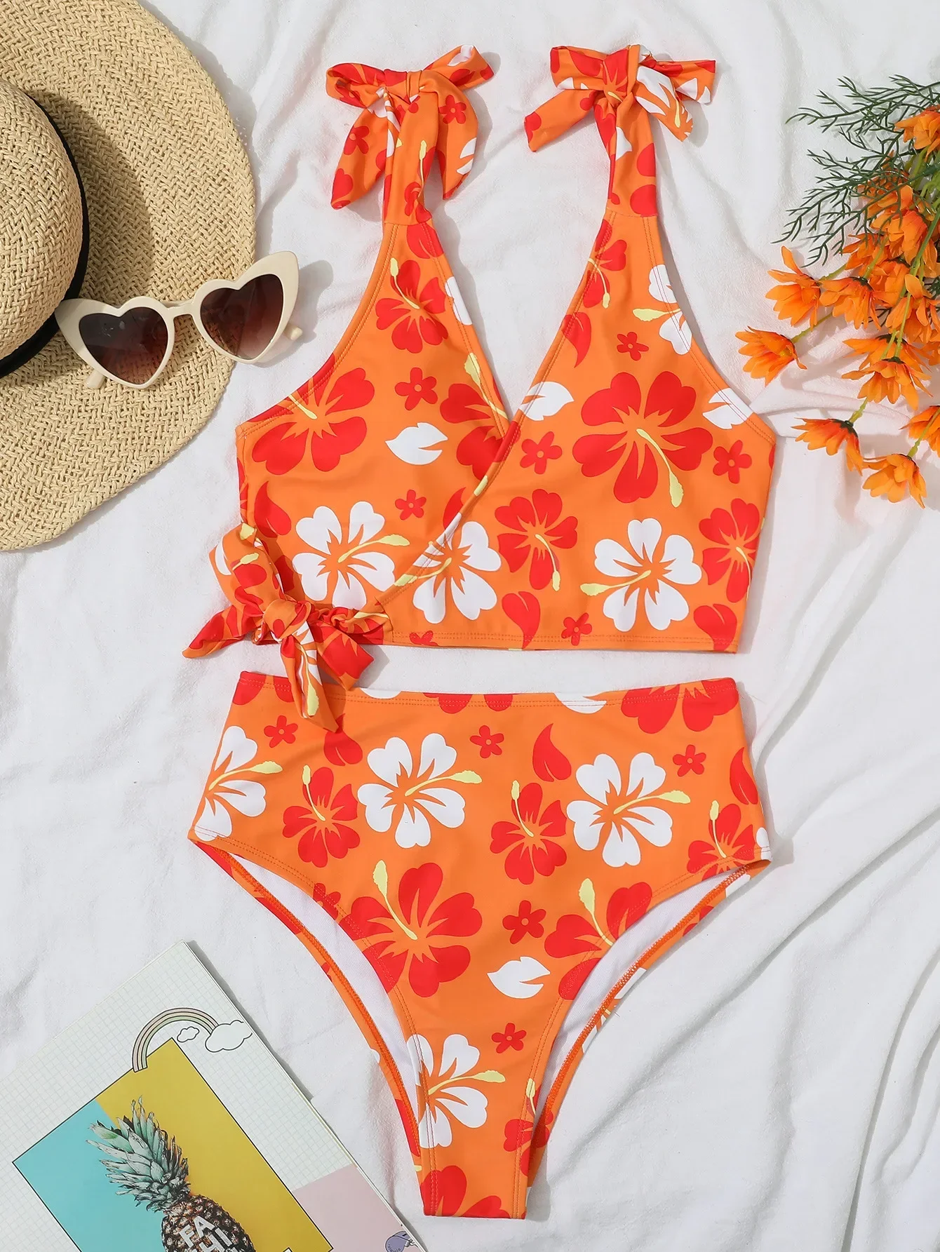 Flower Print Swimsuit for Women 2025 Orange High Waist Two Piece Bikini Set V-neck Suspender Backless Beach Bathing Suit New