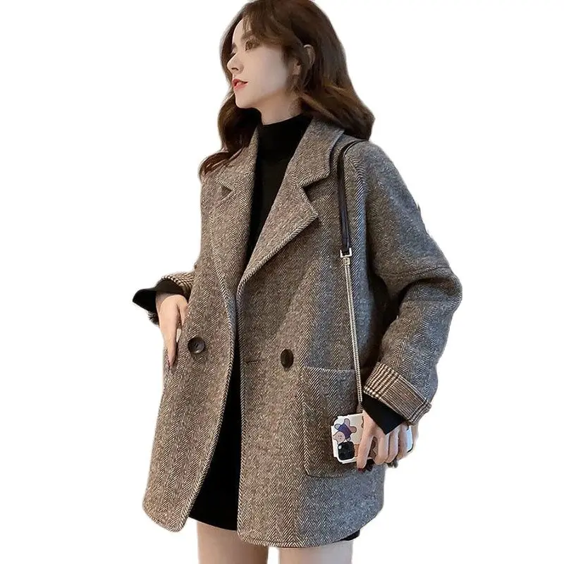 

New Women's Wool Coat Retro Autumn Winter Blazers Fashion Double Breasted Thickened Coats Wool Jackets Loose Ladies Casual Tops