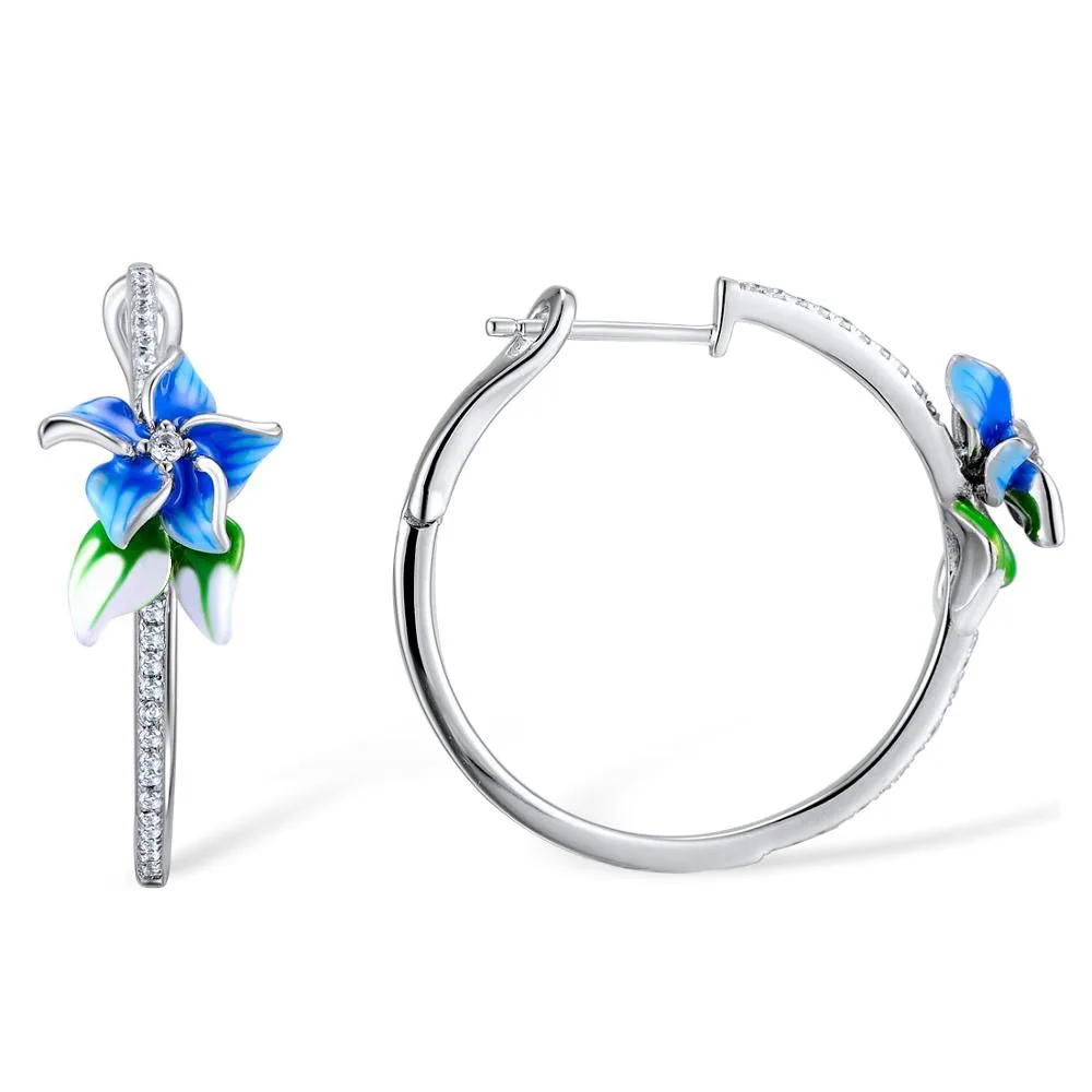Vintage Exquisite Blossoming Flowers Micro-inlay Zircon Enamel Blue Floral Hoop Earrings for Women Bohemian Fashion Jewelry Gift