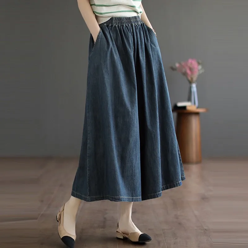 2023 Summer New Arts Style Women Elastic Waist Loose Casual Calf-length Cotton Denim Pants vintage Blue Wide Leg jeans P76