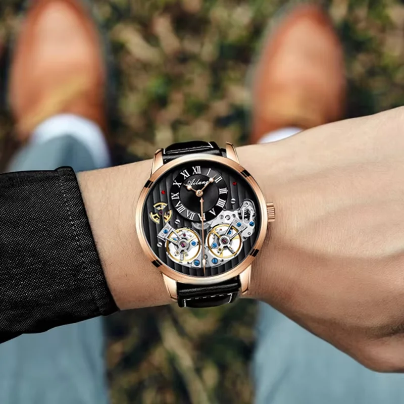 New AILANG 8821B Luxury Watch Automatic Luminous Black Clock Double 2 Tourbillon Waterproof Mechanical Watch Relogio Roman scale