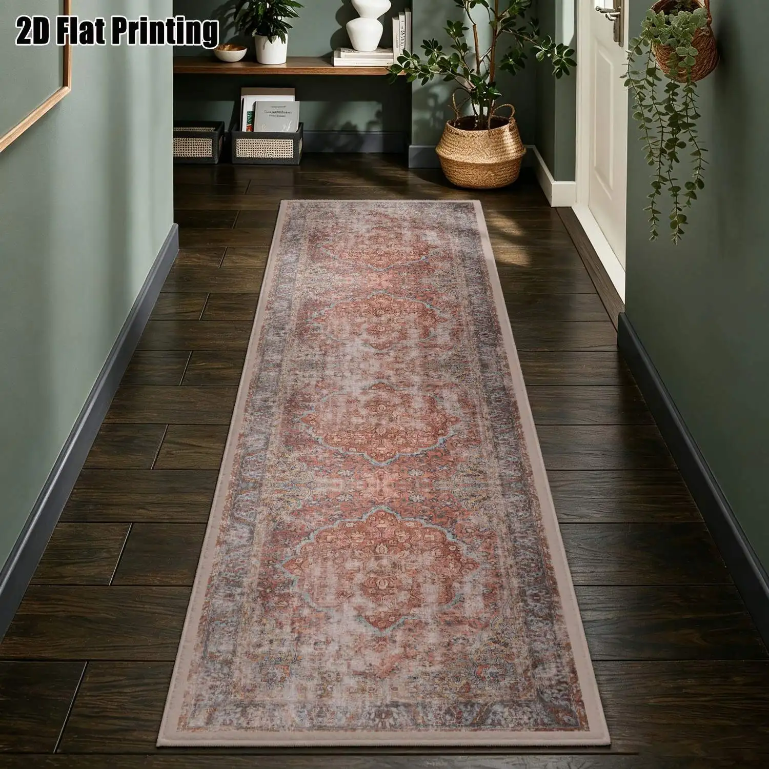 1Pc 2D Printed Long Strip Runner Rug: Retro Pink & Brown Floral, European/Bohemian/Geometric Simple Design, Machine Washable, Multi-Size, Ideal for Hallway, Entrance, Living Room, Bedroom Home Decor