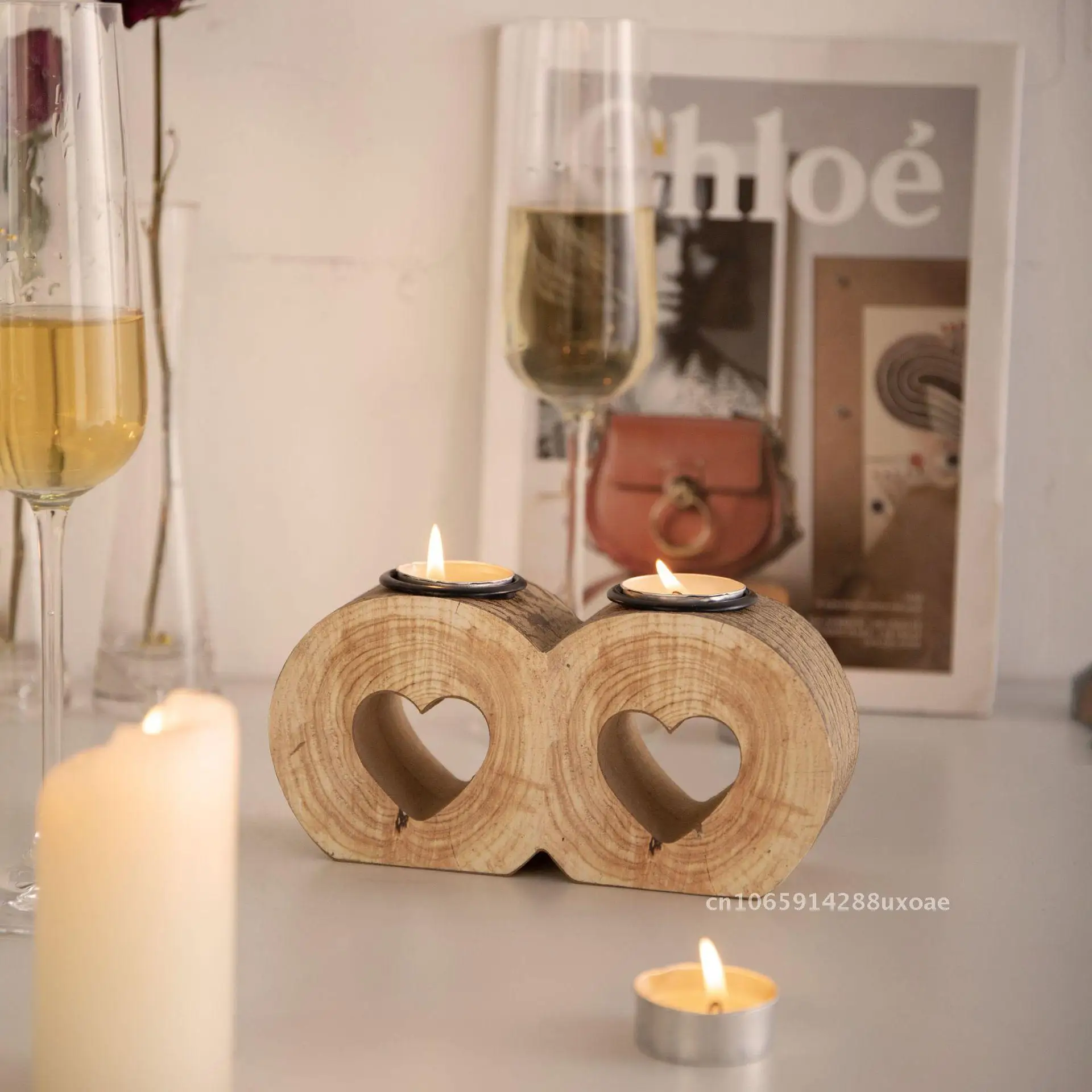 

Wooden Candlestick Atmosphere Candlestick Candle Utensils Double Love Ornaments Couple's Solid Wood Candlestick