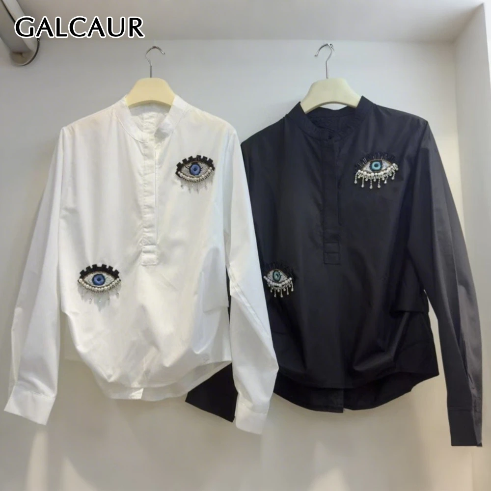 

GALCAUR Solid Spliced Eye Embroidery Chic Shirt Female O Neck Long Sleeve Loose Casual Women's Shirts Autumn New Style Fashion
