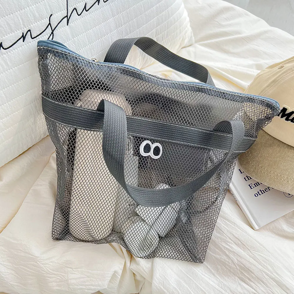 Mehrfarbige Strandnetztasche mit großen Ösen, niedliche multifunktionale Strandtasche, kleine Urlaubstasche – Detail 9